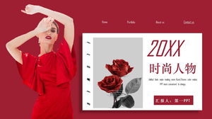 紅色禮服的女士與玫瑰背景PPT模板