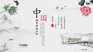 Plantilla PPT de estilo chino clásico con fondo de paisaje de tinta para descarga gratuita