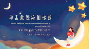 Cute and beautiful cartoon girl under the night sky PPT template
