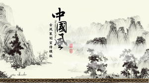 Șablon PPT de fundal de pictură peisaj cu cerneală în stil chinezesc
