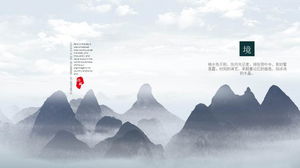 Plantilla PPT de tema ciego de té zen con fondo de montaña elegante azul
