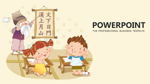 Personagem chinês ensinando modelo PPT com fundo de palestra do velho mestre dos desenhos animados
