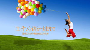 background slideshow template of girl jumping on grass with blue sky and white clouds