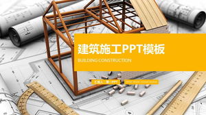 ダイナミックフラットドローイングハウスモデルの背景を持つ建物建設PPTテンプレート