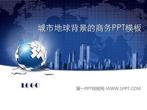 เทมเพลต PPT ธุรกิจพร้อมอาคารเมืองสีน้ำเงินเข้มและพื้นหลังโลก