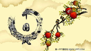 Download del modello PPT di stile cinese della pagina singola del fondo della pittura cinese del tordo del melograno