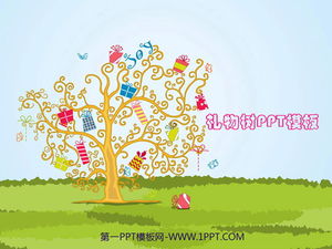 Szczęśliwy drzewo kreskówka tło pełne prezentów Szablony prezentacji PowerPoint