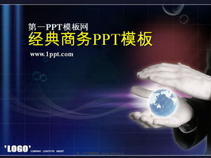 Unduhan template PPT bisnis klasik gelap dengan latar belakang biru