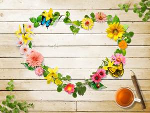 Yellow natural heart-shaped wreath PPT background picture
