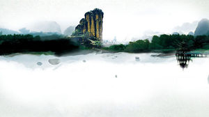 Pictură peisaj cu cerneală imagine de fundal PPT în stil chinezesc