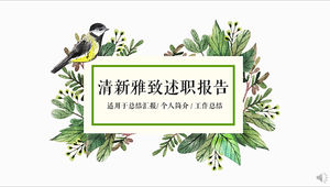 Galhos de pássaros e folhas verdes estilo literário fresco e elegante modelo de ppt de relatório de debrief
