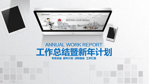 Computer e tablet ufficio desktop elegante sfondo grigio business blu riepilogo del lavoro e modello ppt del piano