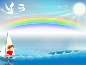 Sonnenscheinregenbogen dynamische Ozeanwellen niedliches kleines Mädchen, das Segelboot rudert niedliche Cartoon-ppt-Vorlage