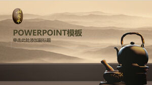 Tea set, tea culture, rolling mountains background ink Chinese style ppt template