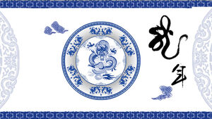 Modelo de ppt de ano de dragão chinês de porcelana azul e branca