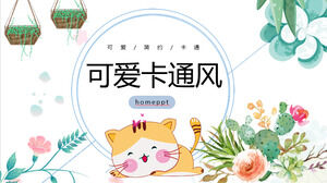 Niedliche Cartoon-Katze mit Blumenhintergrund PPT-Vorlage