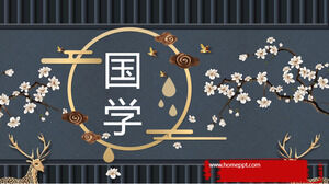 Chiński motyw do nauki szablon PPT ze złotym tłem jelenia i kwiatu śliwy