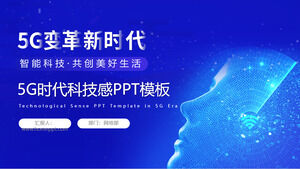 Modelo de PPT de tema da era 5G com fundo de expressão de personagem virtual azul