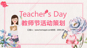 Template PPT perencanaan acara Hari Guru dengan bunga cat air dan latar belakang guru