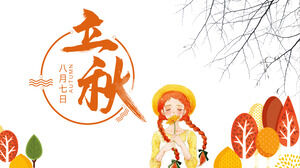 Cartoon autumn trees and girls background Liqiu theme PPT template