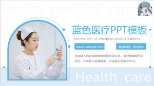 Plantilla PPT de tema médico con fondo de enfermera minimalista azul