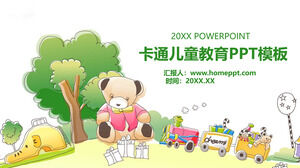 Plantilla PPT de educación para el crecimiento infantil con oso de dibujos animados y fondo de tren