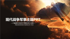 Savaş uçağı arka plan askeri tema PPT şablonunun bulutlarında yükselen