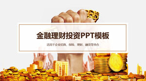 Șablon PPT pentru investiții financiare și management financiar cu monede de aur și fundal cheie de aur