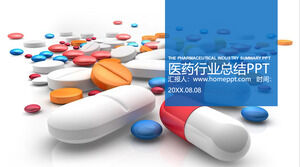 Template PPT obat dengan latar belakang kapsul pil warna