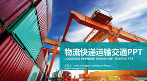 Template PPT transportasi logistik dengan latar belakang kontainer dermaga