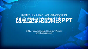 PPT-Vorlage für den Arbeitsbericht der Technologiebranche mit blauer gepunkteter Linie und polygonalem Hintergrund