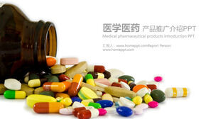 Template PPT industri farmasi dengan latar belakang pil dan kapsul berwarna-warni