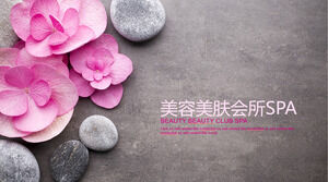 Шаблон PPT для красоты и здоровья с розовыми цветами и галькой на фоне