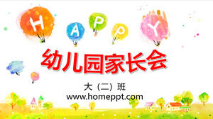 Szablon PPT na spotkanie rodziców w przedszkolu z kolorowym akwarelowym tłem balonu na gorące powietrze