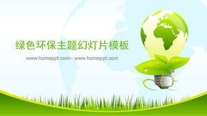 Energieeinsparung und Umweltschutz PPT-Vorlage mit grasgrünem Birnenhintergrund