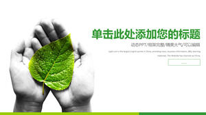 Green flat PPT template for environmental protection with leaf background