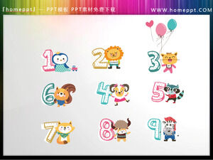 五顏六色的數字PPT圖標素材裝飾著可愛的卡通動物