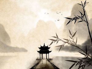 Bambu yaprak köşk mürekkep klasik Çin rüzgar ppt arka plan resmi