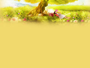 Big tree under the flowers lying on the reading of the little girl ppt background picture