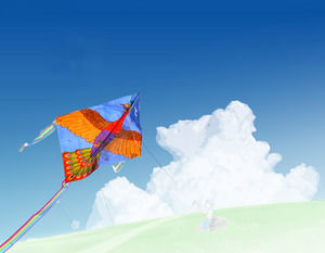 凧のPPTテンプレートを飛ぶ青い空と白い雲