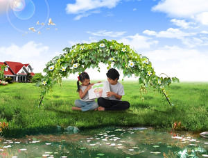 子供の緑の家幸せな楽園のPPTテンプレート