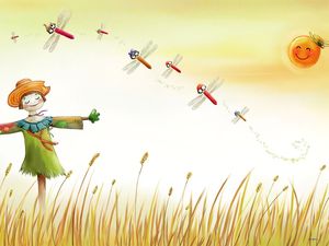 Dragonfly wheat field happy scarecrow Korean cartoon background picture