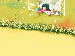 女孩躺在鲜花和蝴蝶韩版卡通背景图片的窗口