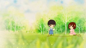 Schönes Kind spielen Kabel Papierschlauch Boden Telefon-Cartoon Hintergrundbild