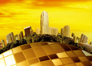고층 건물의 황금 비즈니스 PPT 템플릿에서 광각 렌즈